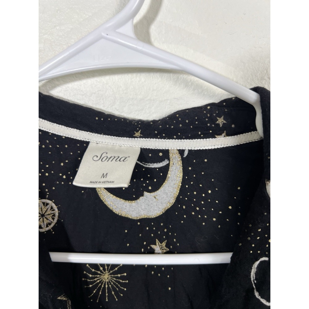 Soma Pajama Top Black Gold Stars Moon Button Down M Lounge Soft - Picture 3 of 6